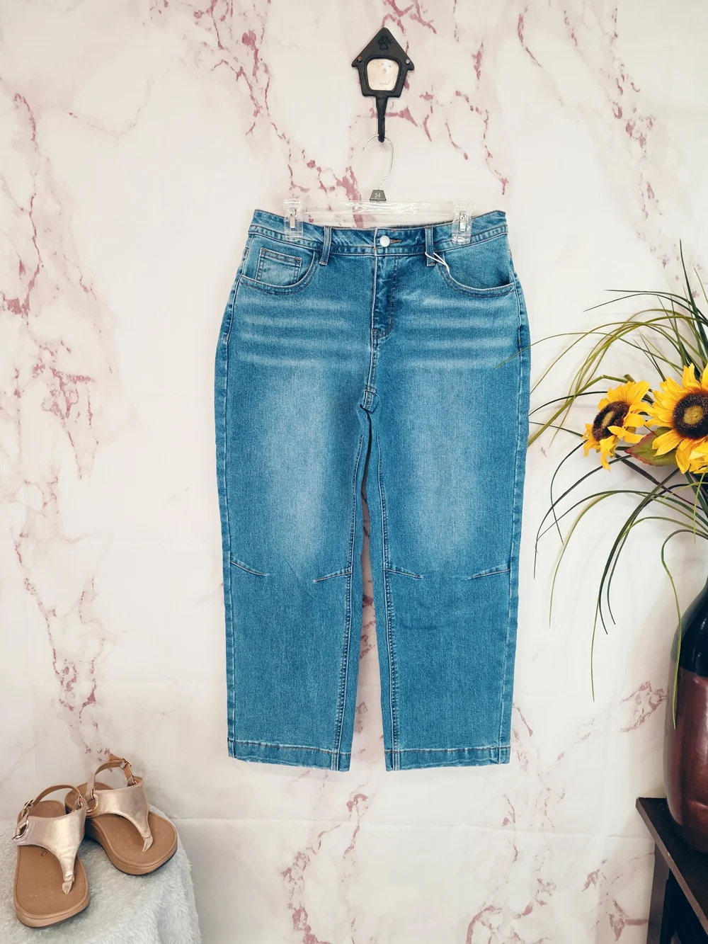 Flamingals Wide Leg Barrel Crop Jeans NWT Size Large High Rise Stretch Denim - Picture 2 of 7